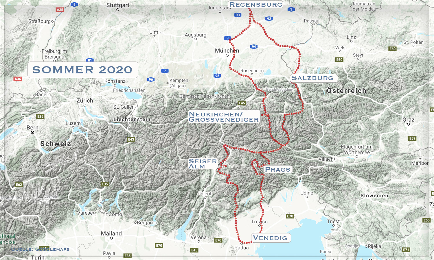 Route Alpenurlaub 2020,Europa, Dolomiten,Salzburger Land,Venedig,born4travel.de
